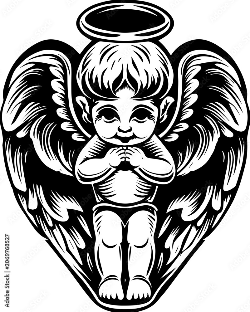 Naklejka premium Cute New Year tattoo design, SVG with clean lines. Vintage Black and White Angelic Cherub Illustration with Wings