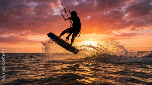 Kitesurfer silhouette jumping over waves at sunset with vibrant sky