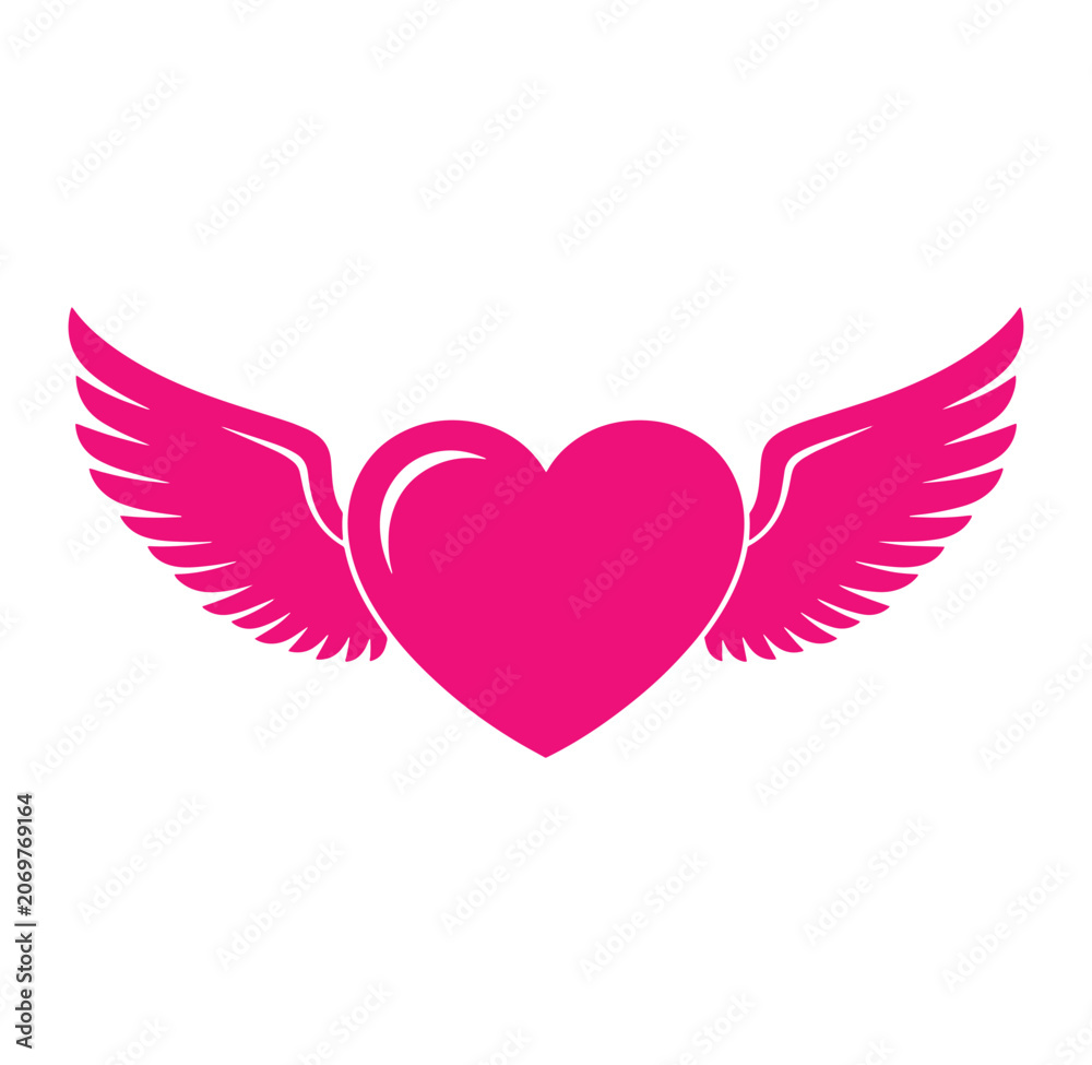 Fototapeta premium Pink heart icon with stylized wings valentines day valentines isolated decoration minimalist emoticon creative love symbol affection romantic