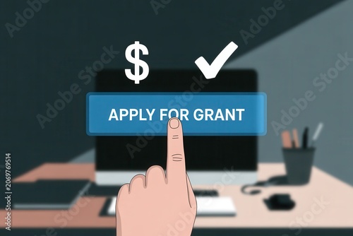 Finger pressing apply for grant button on computer screen