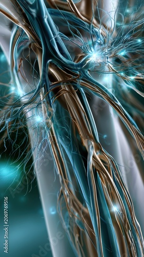 3D medical illustration of a glowing healthy vascular system and veins inside a translucent human leg on a dark cinematic background.