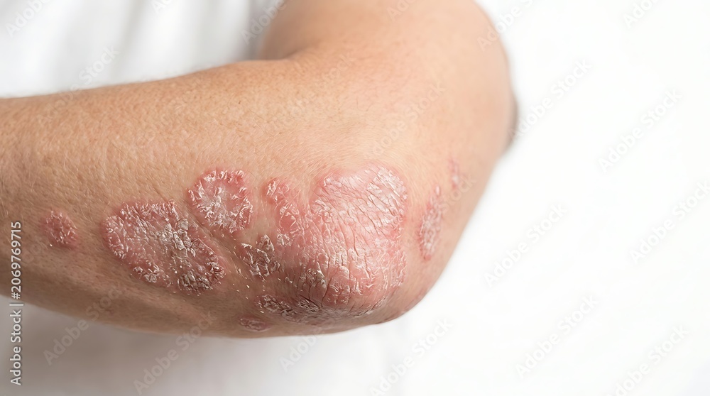 Fototapeta premium Detailed close-up of psoriasis plaques on a human elbow, illustrating dry, scaly, and inflamed skin characteristic of this chronic dermatological c...
