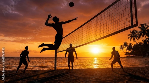 Beach Volleyball Game at Sunset with Player Silhouettes