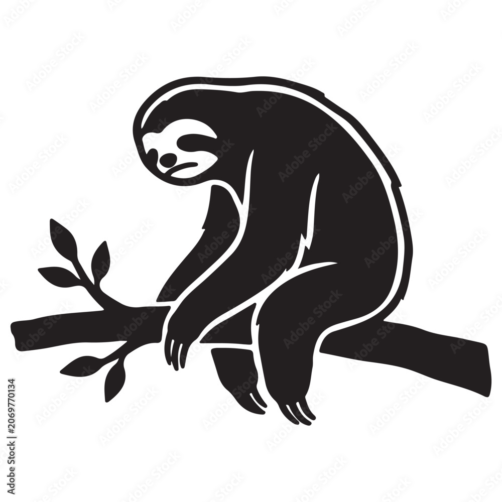 Fototapeta premium Funny Sloth Silhouette Line Art Bold Outline Hanging Jungle Animal Vector Illustration