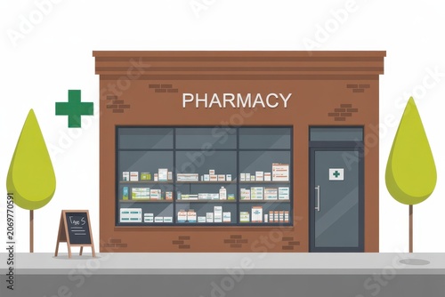 Brick pharmacy storefront with medication shelves isolated on white background