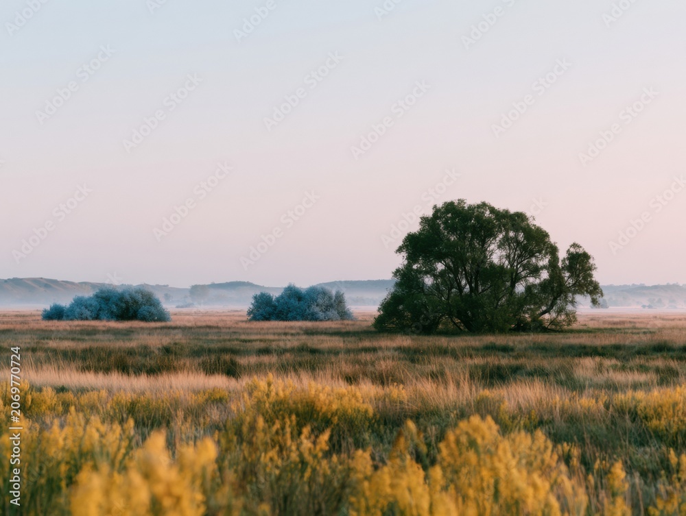Fototapeta premium Wide environmental spring meadow with a lone tree and misty foliage under a warm linen sky for seasonal nature background and design layout