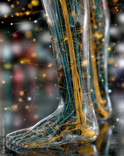3D medical illustration of a glowing healthy vascular system and veins inside a translucent human leg on a dark cinematic background.