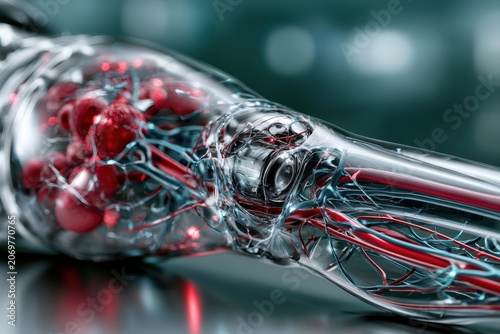 3D medical illustration of a glowing healthy vascular system and veins inside a translucent human leg on a dark cinematic background.