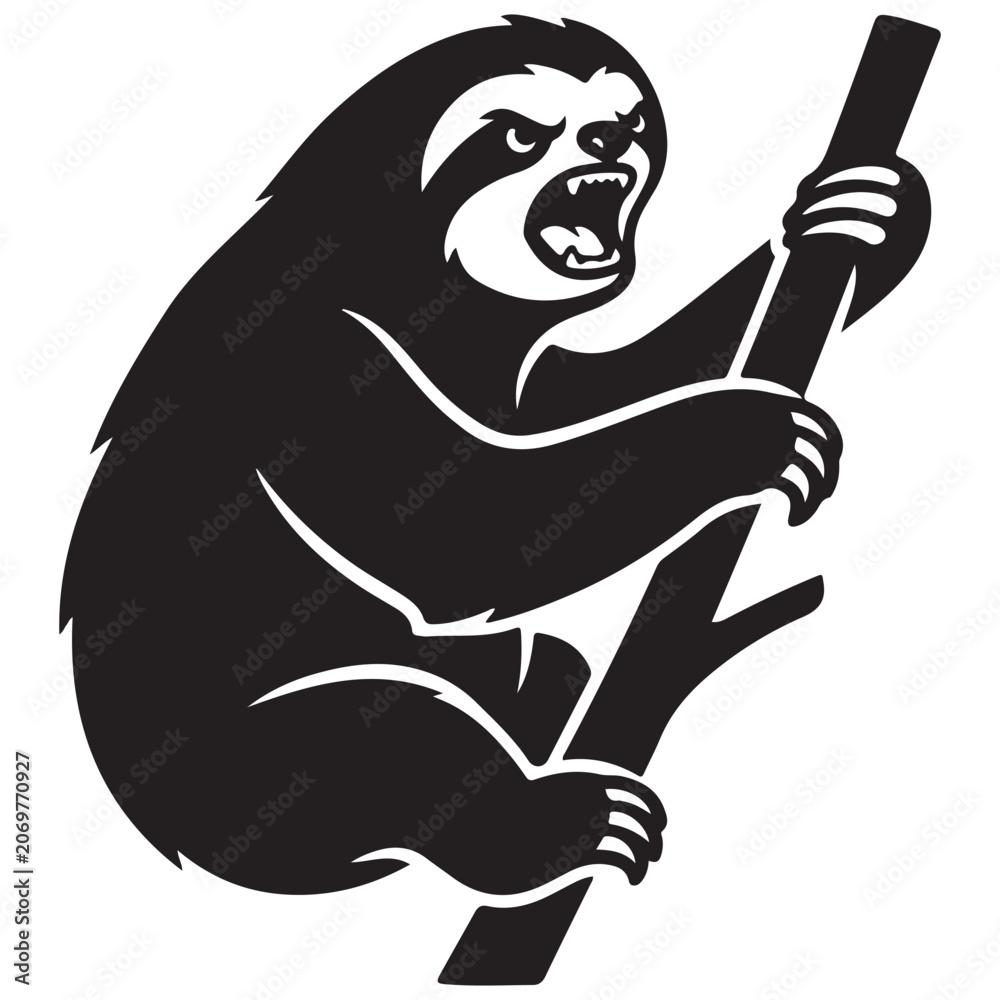Fototapeta premium Funny Sloth Silhouette Line Art Bold Outline Hanging Jungle Animal Vector Illustration