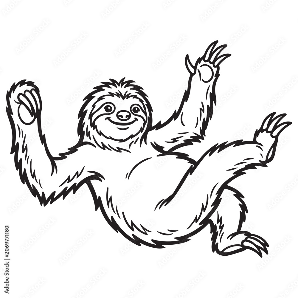 Fototapeta premium Funny Sloth Silhouette Line Art Bold Outline Hanging Jungle Animal Vector Illustration