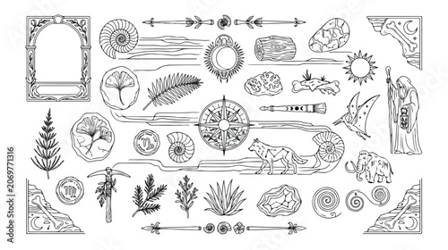 Obraz na płótnie Ancient history and natural science vector collection, hand-drawn vintage illust