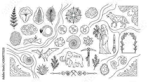 Photos Ancient history vector icon collection, prehistoric nature and mythology symbols