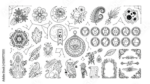 Fotografía Mystical celestial vector art collection, black and white esoteric spiritual sym