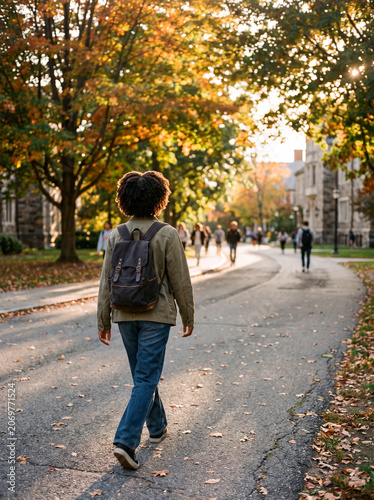 Black woman college student walking on college campus in the fall
