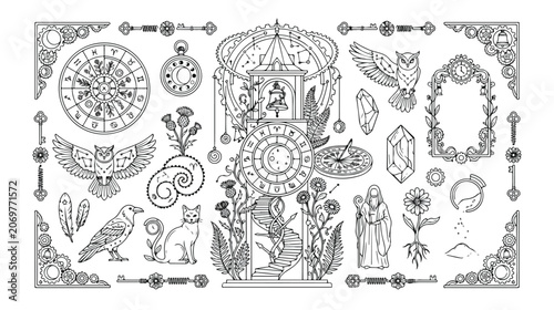 Fényképezés Mystical black and white vector set, occult and esoteric symbols, magical creatu