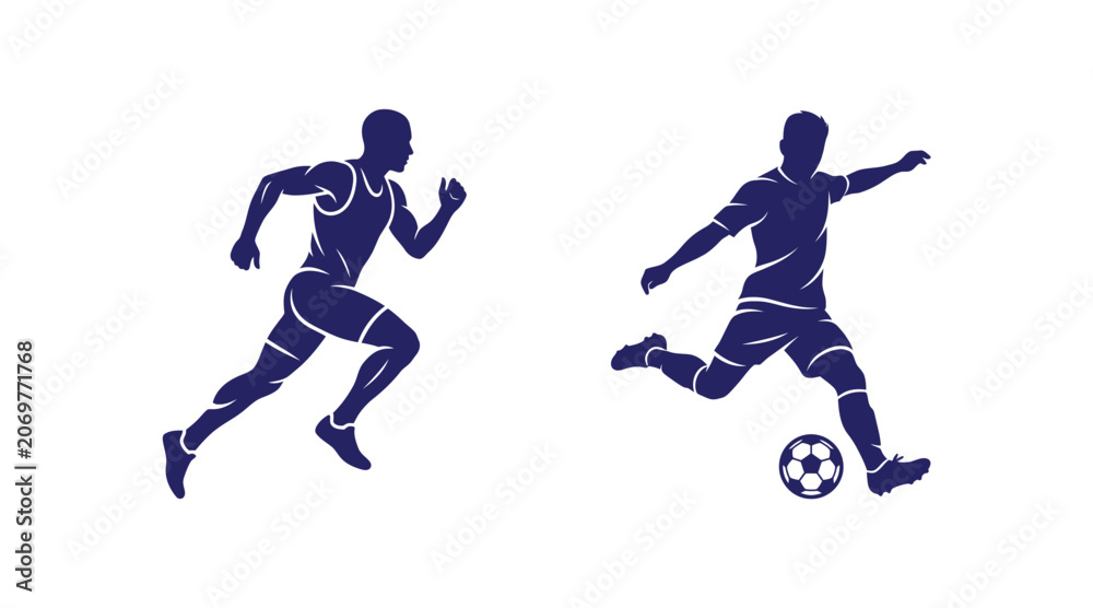 Fototapeta premium Set of two athletic soccer player silhouettes in blue with football silhouette activity competition training exercise movement performance athletic matchday practice recreation physical
