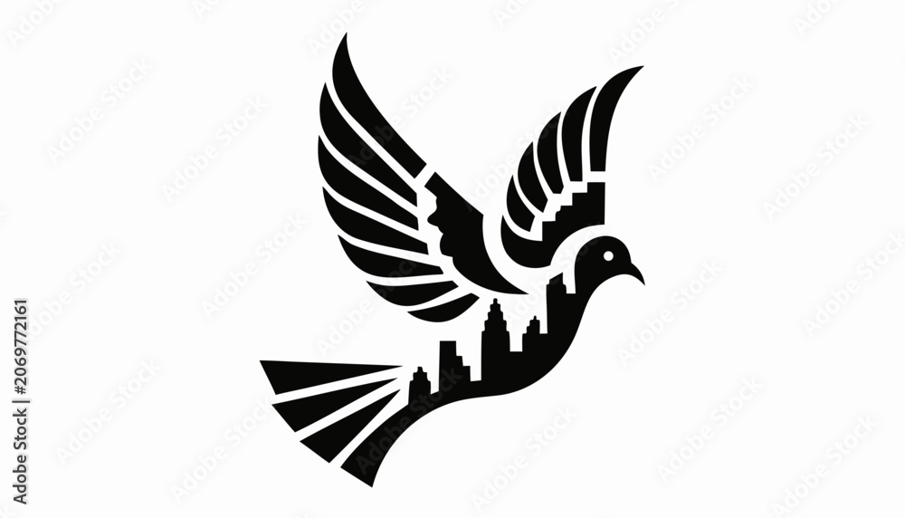 Fototapeta premium Black silhouette of a dove flying over a cityscape