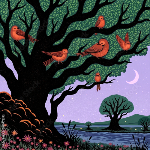 naive folk art painting of sleeping  birds in trees over river at night