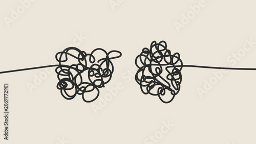 Two tangled abstract scribble lines vector illustration on cream background, complex knot doodle concept of confusion, mental health anxiety, problem solving or difficult connection