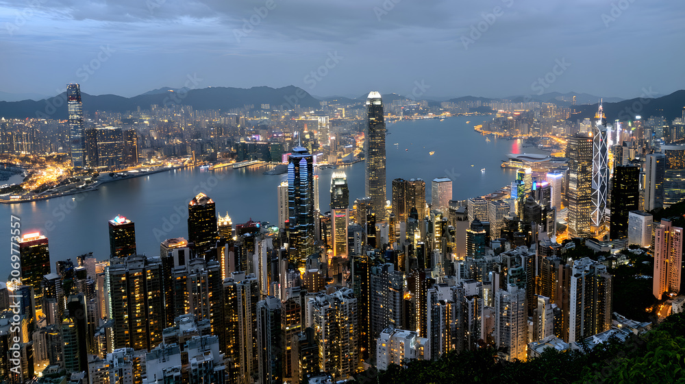 Fototapeta premium Nighttime Skyline View of Hong Kong from Victoria Peak Capturing City Lights and Urban Landscape