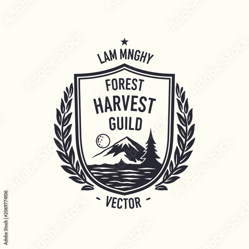 Obraz na plátně Forest harvest guild shield emblem with mountain peaks.