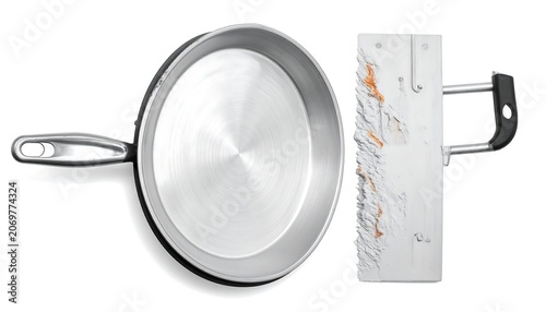 A stainless steel cooking pan and a spatula are set against a white backdrop. Both tools appear clean, new, and ready for kitchen use