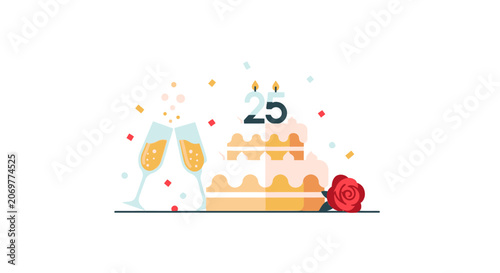 Birthday cake with champagne glasses.