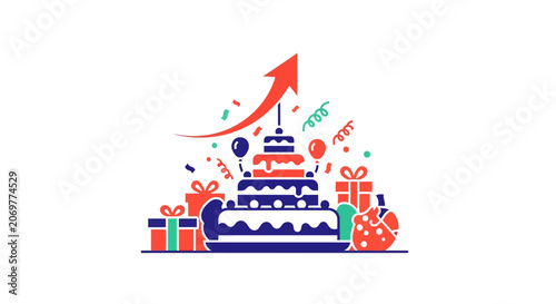 Birthday cake with gifts and decorations.