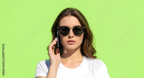 Young woman talking on smartphone, wearing sunglasses, against bright green background