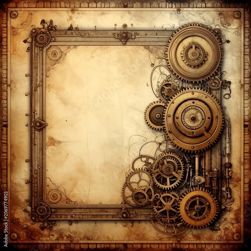 A steampunk-inspired frame is rendered with intricate gears and aged paper texture, suggesting a vintage design. The sepia-toned palette adds to its antique feel