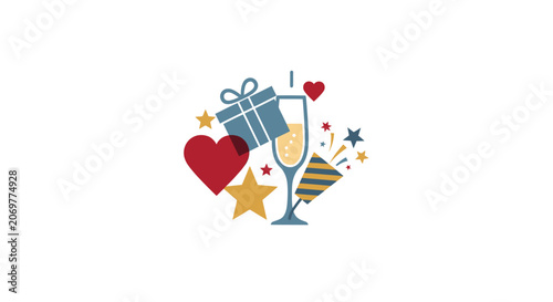 Champagne Glass with Party Symbols.