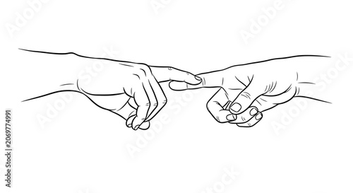 Two hands with index fingers touching line art