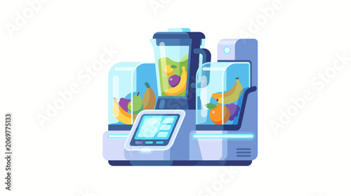 Blender with colorful smoothie recipes.