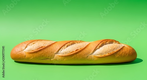Golden brown baguette bread on a vibrant green background, studio shot