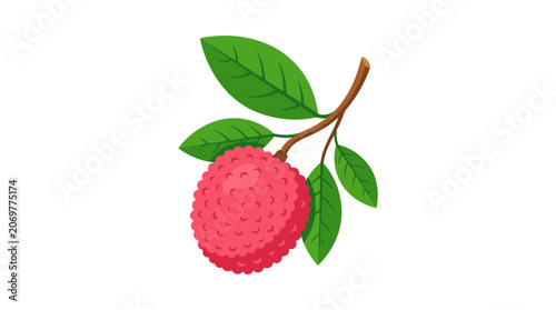 A pink fruit with green leaves.