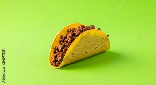 Delicious Ground Beef Taco on Vibrant Green Background, Studio Shot