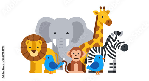 Cartoon animals group standing together happily.
