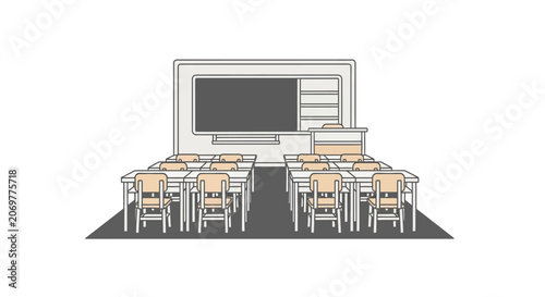 Classroom desks and chairs arranged.