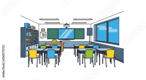 Classroom with desks and chairs.