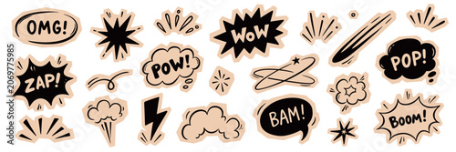 Comic boom cartoon sticker set. Hand drawn comic boom sticker with paper scrapbook collage cutout texture. Wow speech bubble burst explosion dialog grunge ripped elements. Vector illustration
