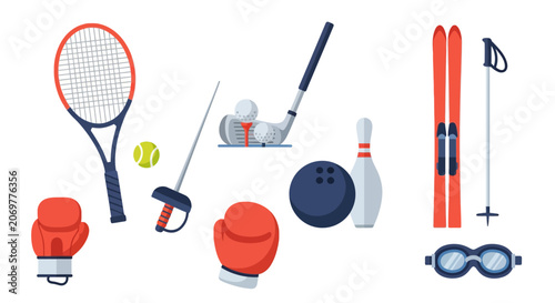 Collection of sports equipment objects.