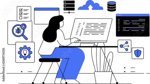 Woman coding and debugging software with cloud and database technology for web banner social media banner business presentation marketing meterial.