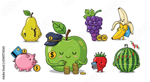 Cartoon fruits and piggy bank money.