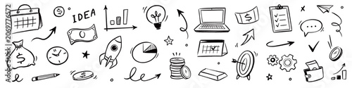 Business money doodle icon set. Hand drawn business money icon calendar with chalk doodle graph arrow finance. Marketing growth goal analytics rocket innovation elements. Vector illustration