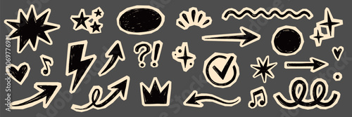 Paper collage scrapbook element set. Hand drawn paper collage sticker with doodle line heart arrow notebook texture. Cute grunge newspaper crown rock punk retro background. Vector illustration