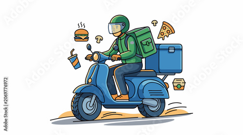 Food delivery rider on scooter with meal.
