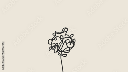 Abstract minimalist tree concept with tangled scribble line art vector on cream background, continuous doodle black line drawing of plant or flower for card design with copy space