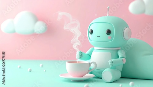 Cute robot enjoying a cup tea.