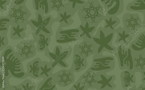 Seamless abstract floral camouflage pattern vector, green military camo background with star shapes and organic flower