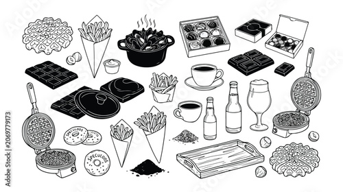 Photos Belgian Food and Drink Vector Icon Set, Hand-Drawn Waffles, Fries, Mussels, Choc